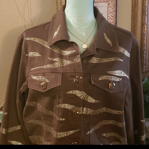 DG2 by Diane Gilman Embellished Brown & Gold Jacket Size Large - Picture 2 of 5